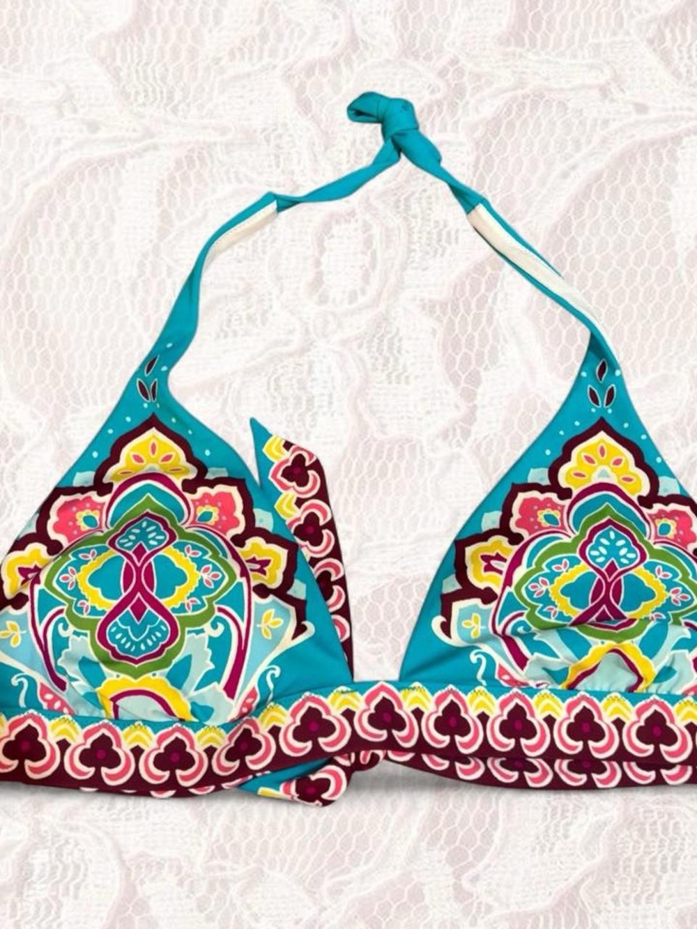 Victoria's Secret Teal Halter Bikini Top with Multicolor Medallion Print